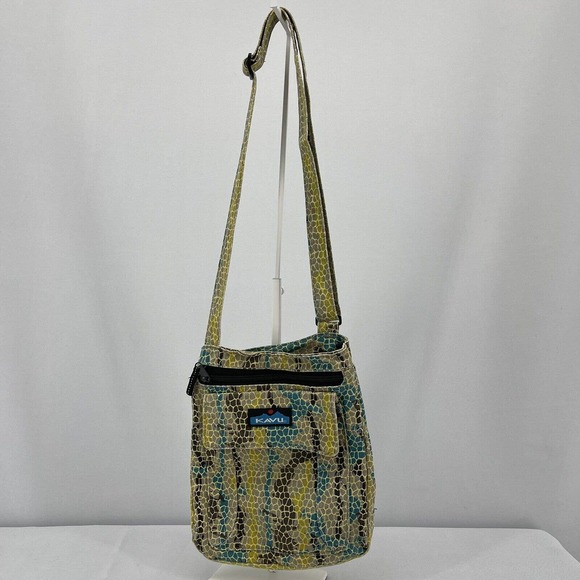 Kavu Canvas Crossbody Purse Snakeskin Pattern Teal Khaki Beige Black Small - Picture 5 of 6